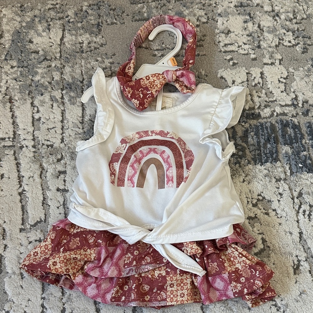 Btween White and Pink Rainbow toddler 2T skort-top set with Headband